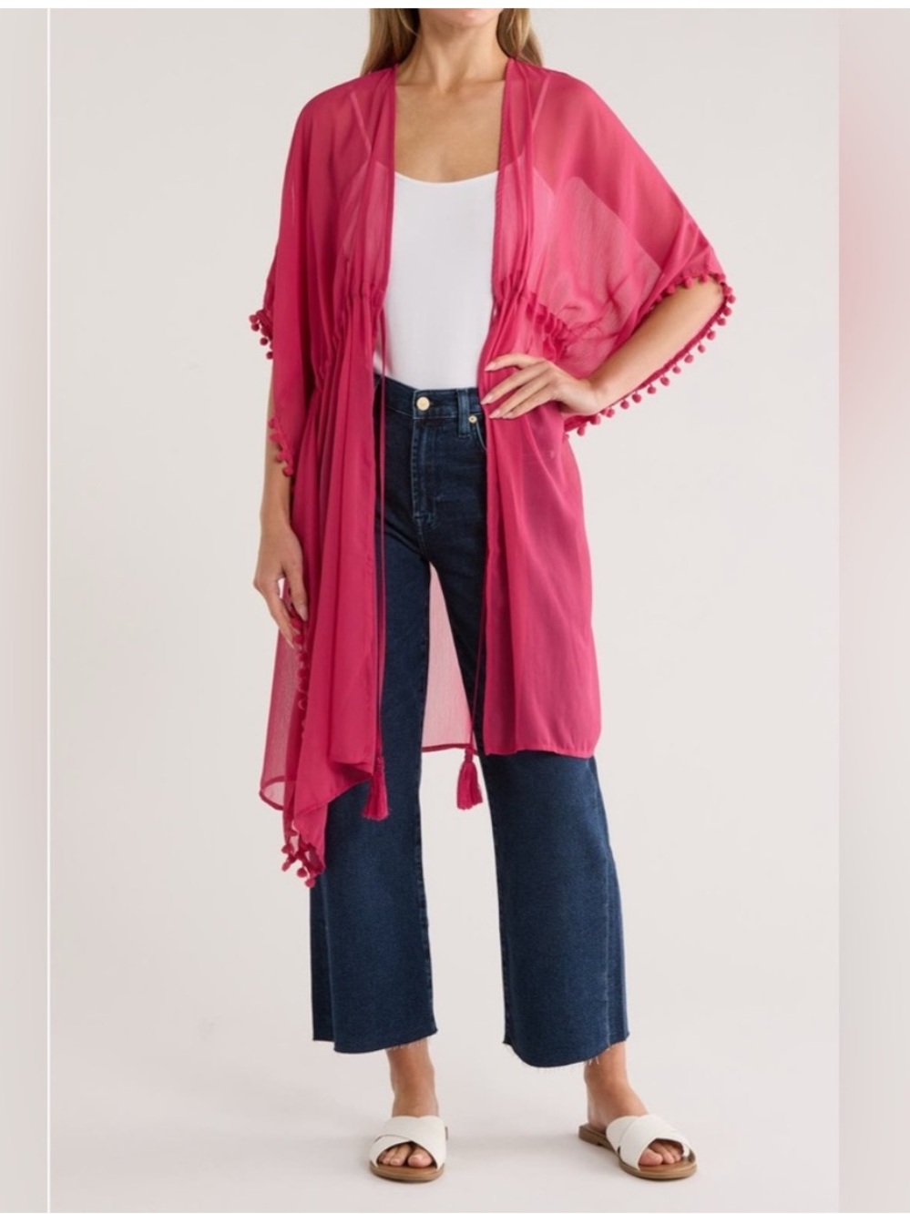Vince Camuto pompom trim chiffon topper OSFM